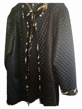 Roz & Ali Black Quilted Open-Front Jacket with Gold Chain Trim